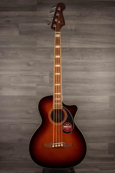 Fender Kingman™ Bass, Walnut Fingerboard, Black Pickguard, Shaded Edge Burst in a stylish design on gray background.