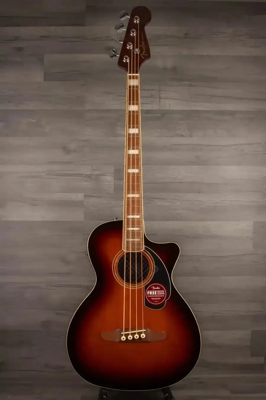 Fender Kingman™ Bass, Walnut Fingerboard, Black Pickguard, Shaded Edge Burst in a stylish design on gray background.