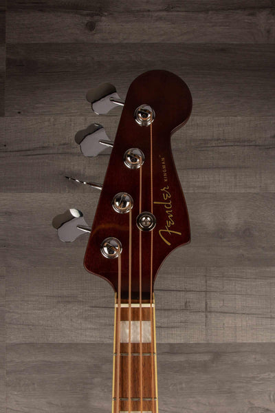 Fender Kingman™ Bass, Walnut Fingerboard, Black Pickguard, Shaded Edge Burst headstock close-up view.