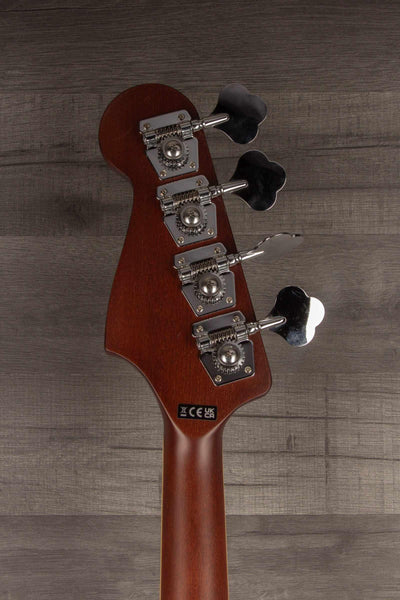 Fender Kingman™ Bass, Walnut Fingerboard, Black Pickguard, Shaded Edge Burst headstock detail showing tuning pegs.