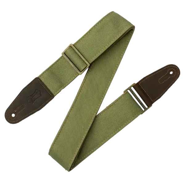 Levy's green denim guitar strap with suede and leather ends, designed for durability and style.