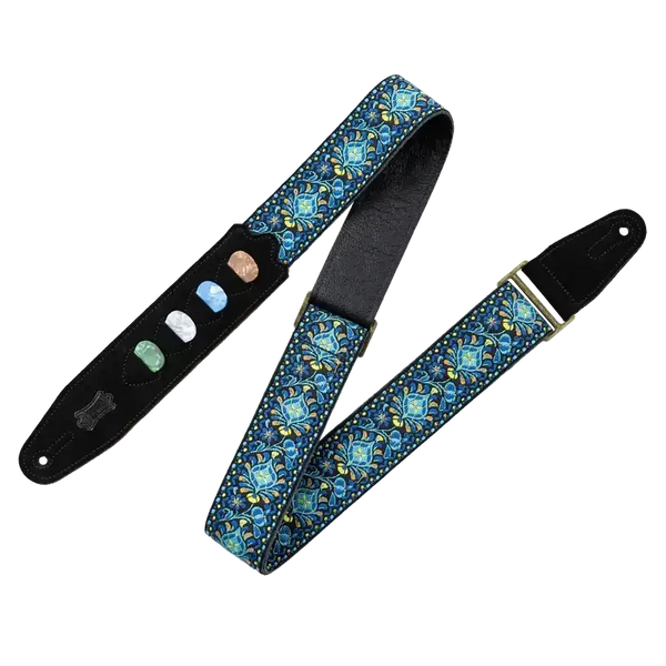 Levy's Vintage Hootenanny Series guitar strap in blue with pick holder, showcasing vibrant patterns.