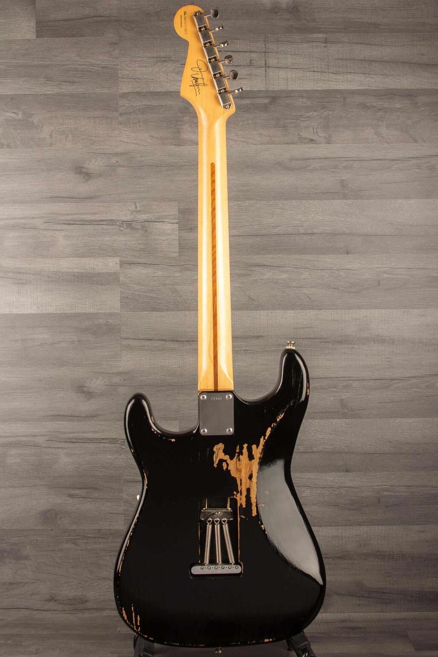 USED - Road Worn Partscaster Stratocaster Black back view showing vintage relic finish and detailed craftsmanship.