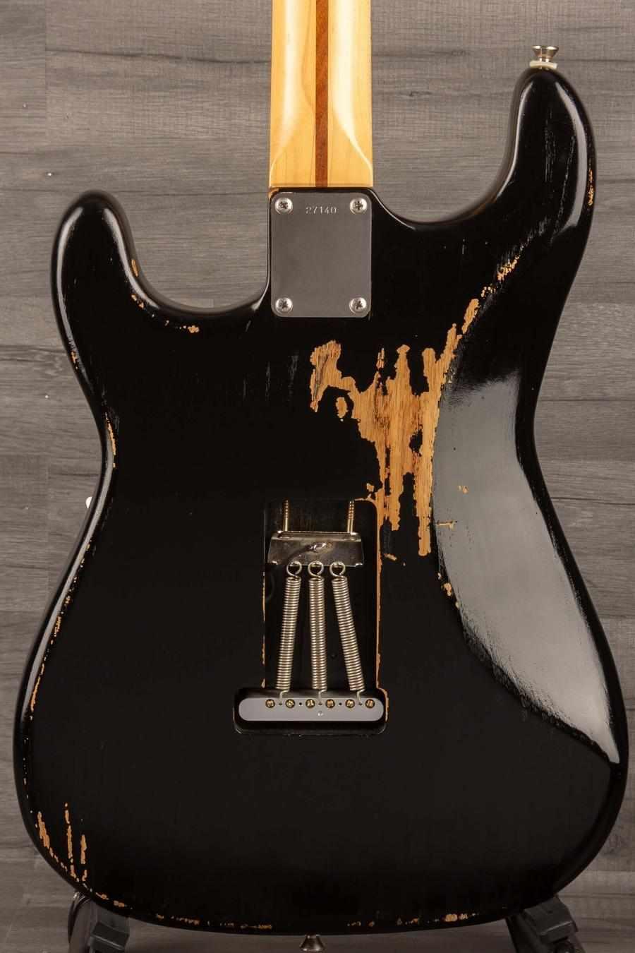 USED - Road Worn Partscaster Stratocaster Black back view with relic finish and vintage hardware.