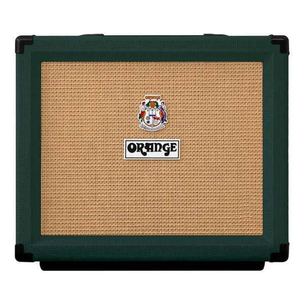 Orange Ltd edition- Rocker 15 1x10 Guitar Combo british racing green front view with logo and textured grill.