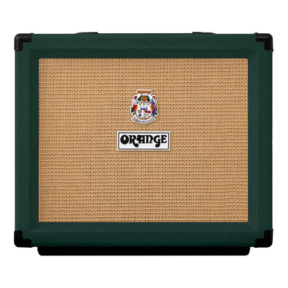 Orange Ltd edition- Rocker 15 1x10 Guitar Combo british racing green front view with logo and textured grill.