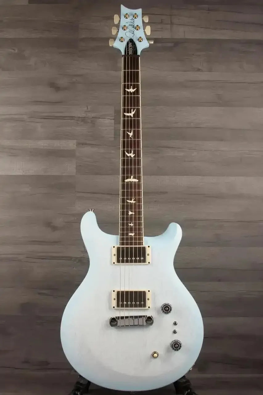 PRS - S2 Mira 594 Satin Cloudburst electric guitar in a cool satin blue finish, showcasing its unique design.