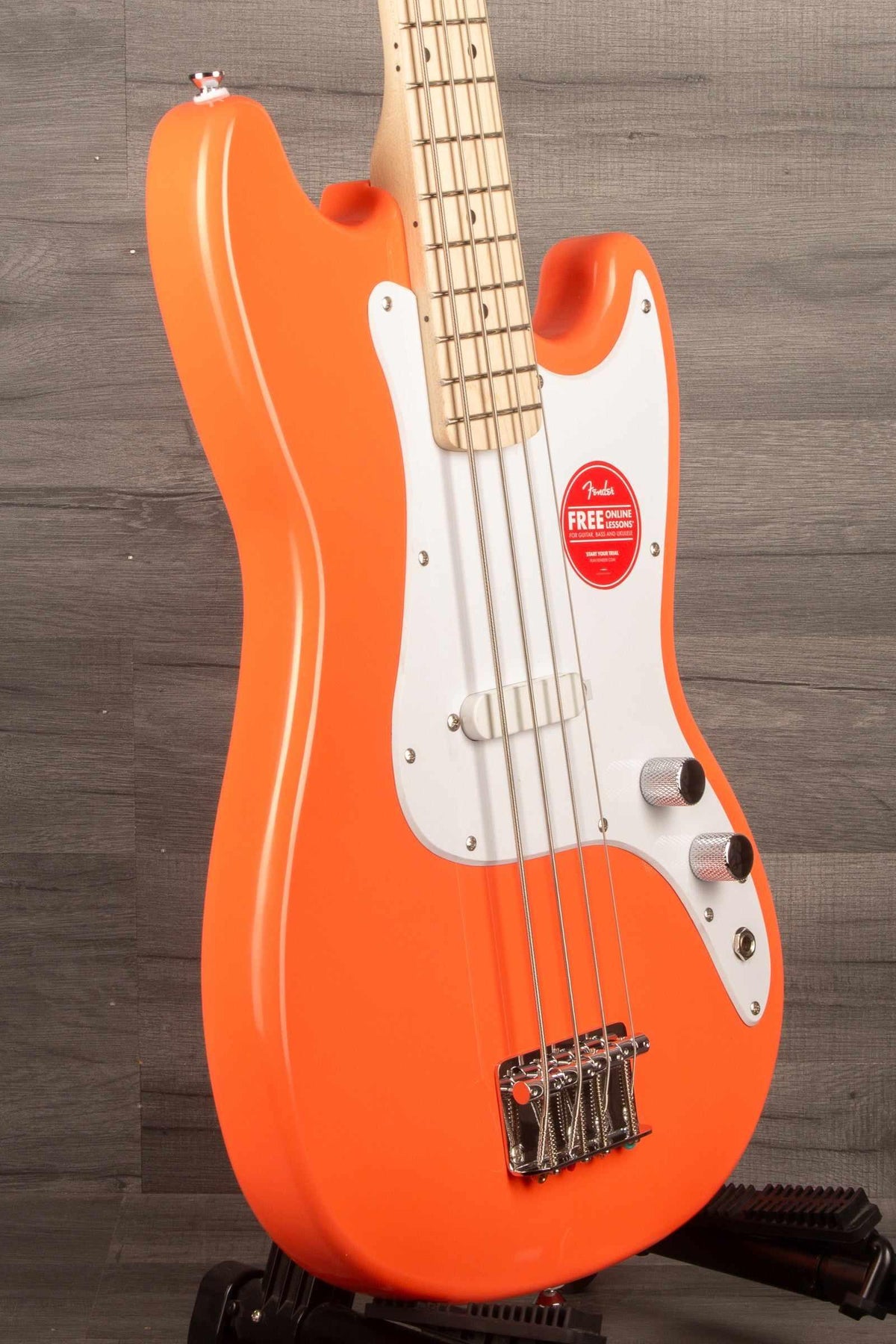 Squier Sonic® Bronco™ Bass, Maple Fingerboard, White Pickguard, Tahitian Coral - MusicStreet