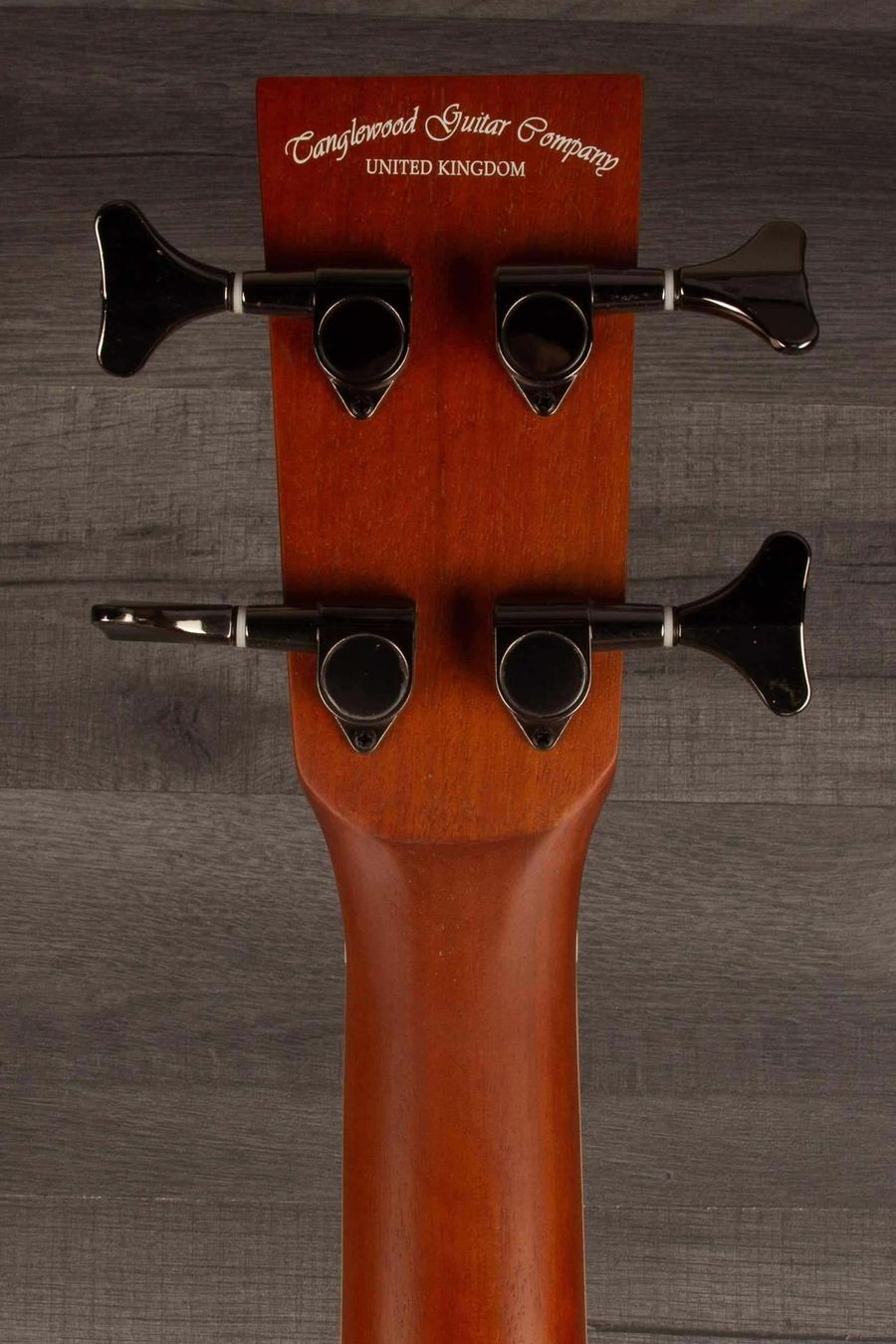 Tanglewood TRPROABBW Acoustic - Bass Guitar headstock with tuning pegs and company logo from Tanglewood Guitar Company.