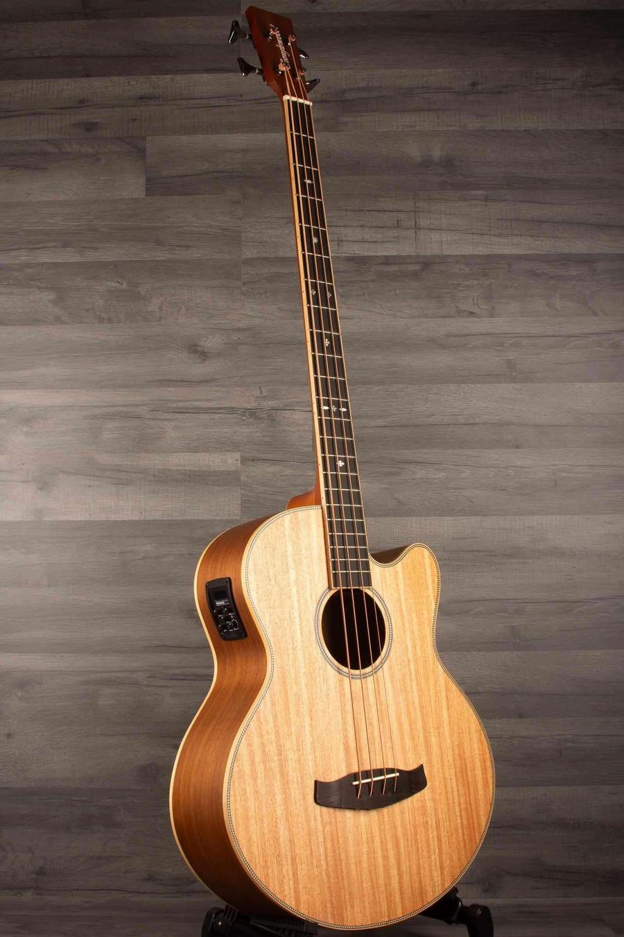 Tanglewood TRPROABBW Acoustic - Bass Guitar displayed on a stand with a natural satin finish.