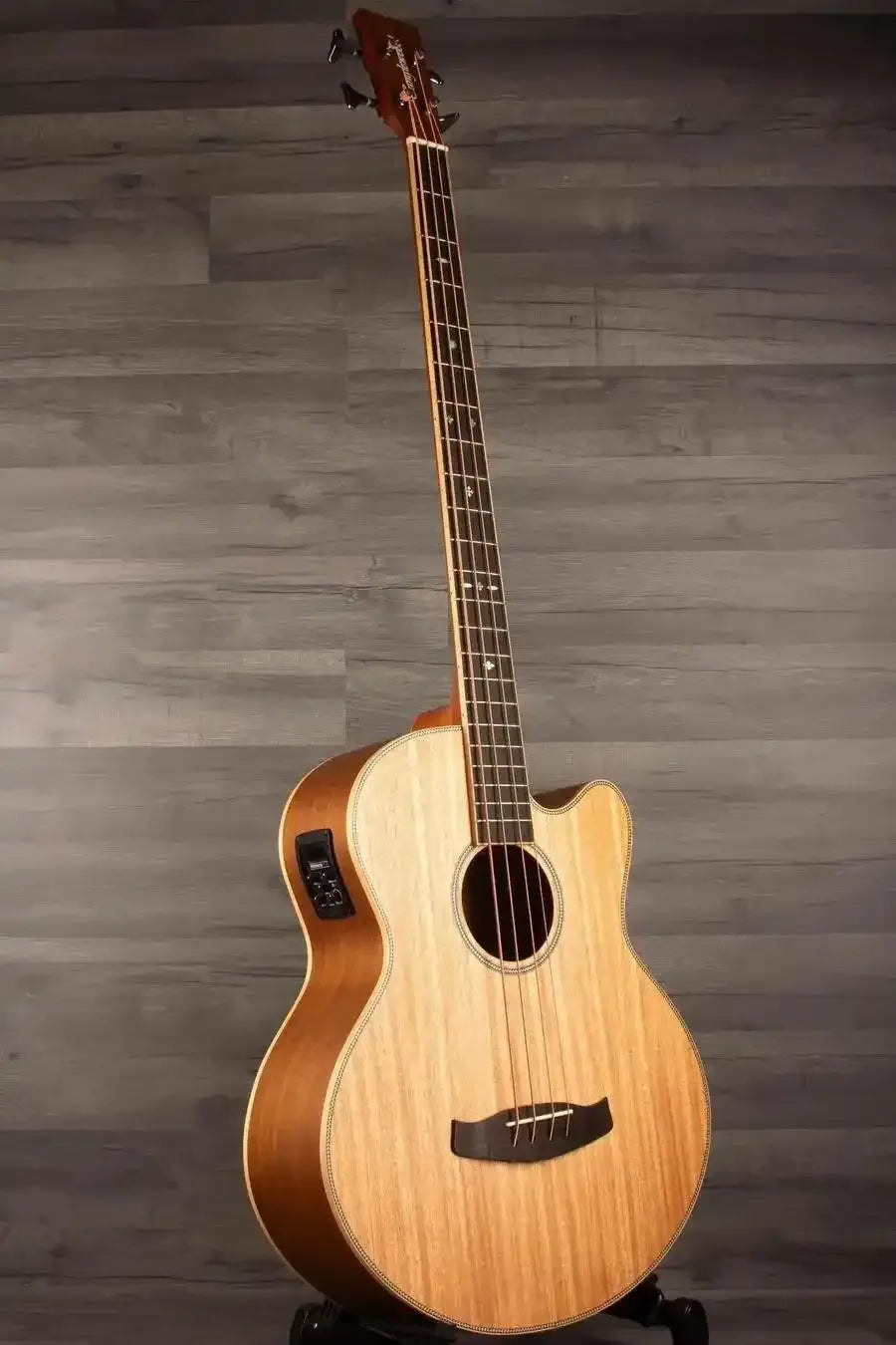 Tanglewood TRPROABBW Acoustic - Bass Guitar displayed on a stand with a natural satin finish.