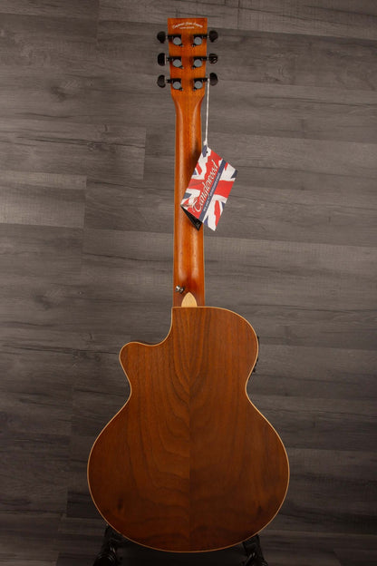 Back view of Tanglewood DBT-TCEBW guitar showcasing its beautiful wood finish and design.