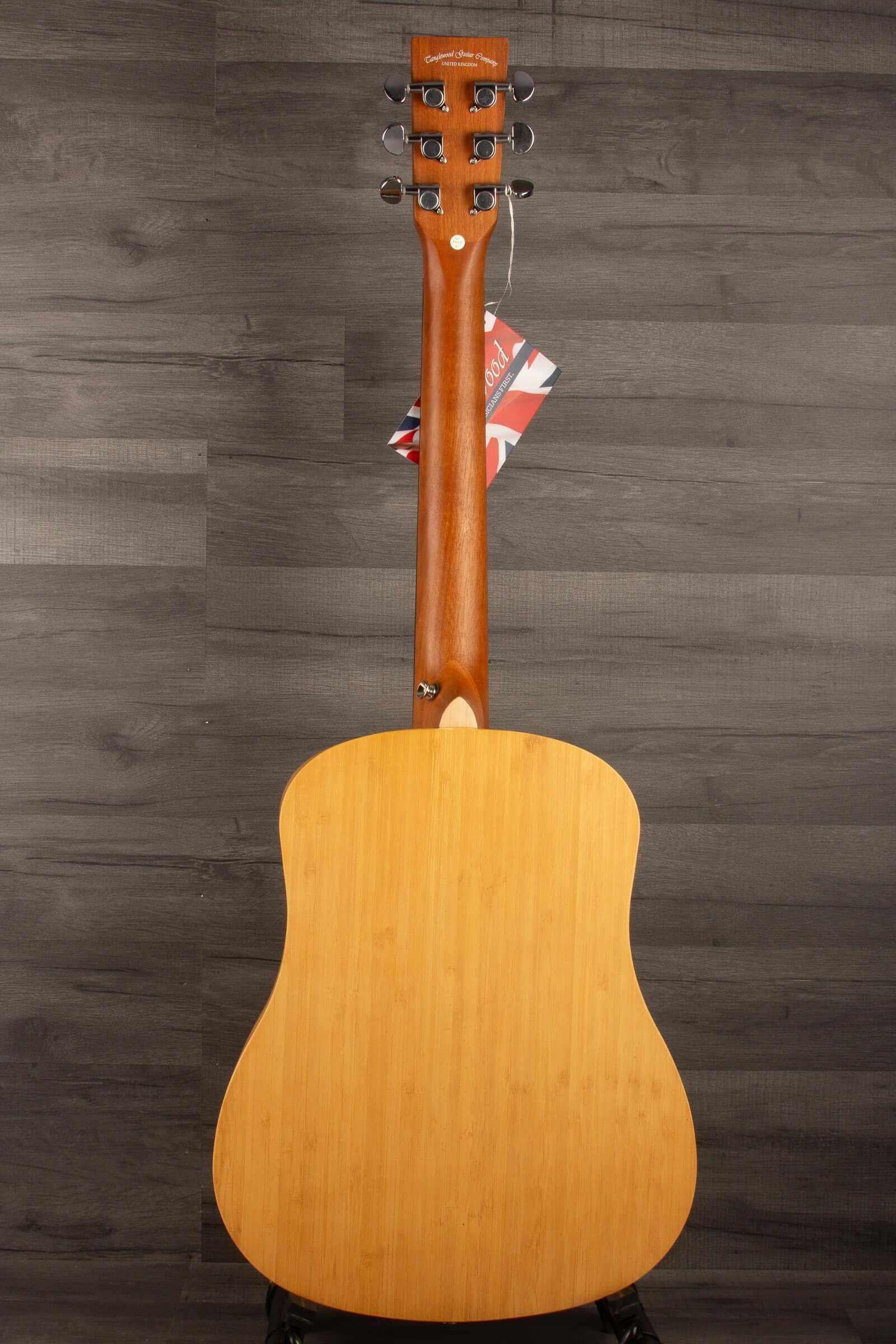 Back view of Tanglewood TWT18 Tiare Travel Acoustic, Natural Bamboo guitar showcasing its unique design and finish.