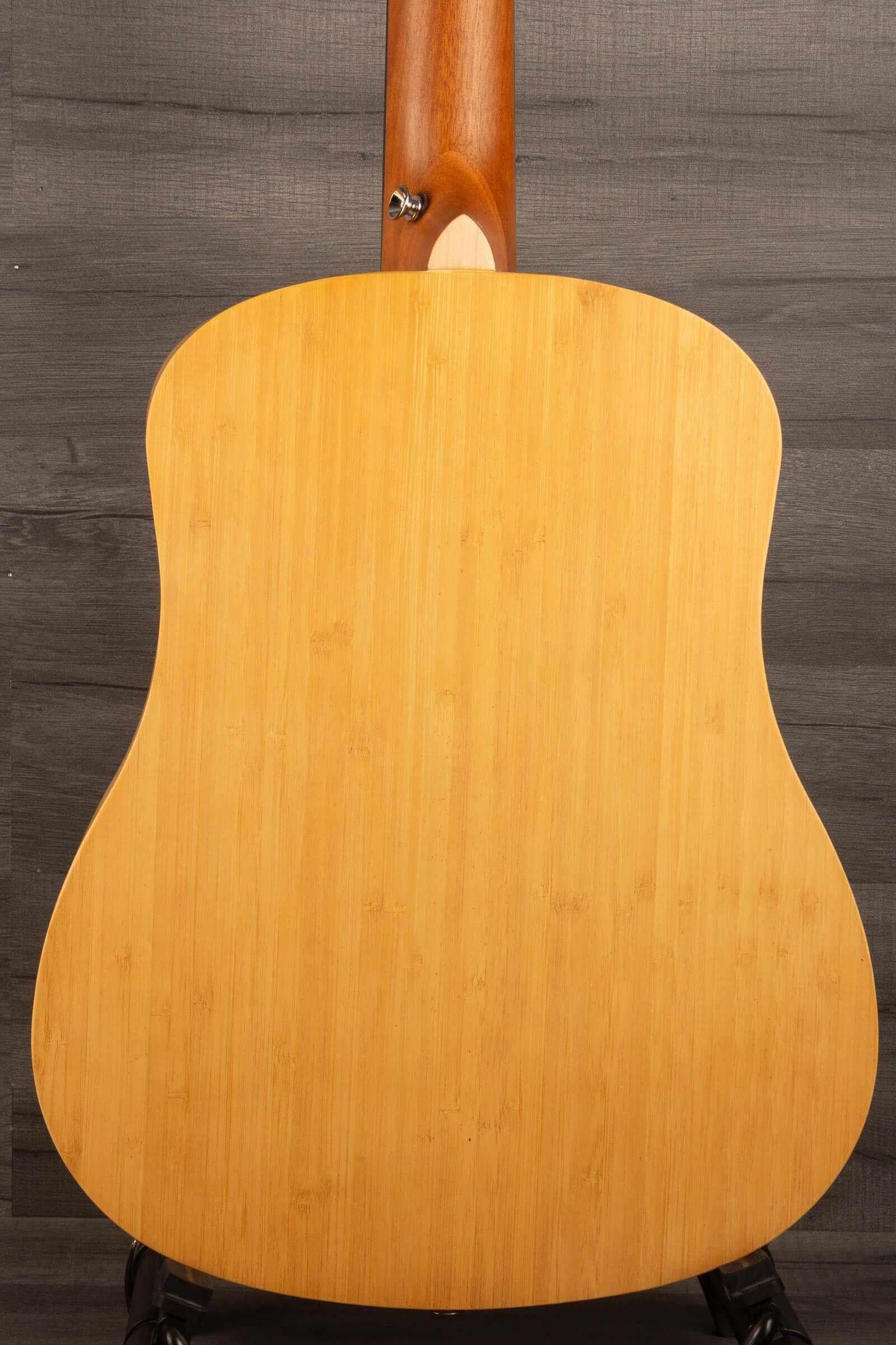 Back view of the Tanglewood TWT18 Tiare Travel Acoustic, Natural Bamboo guitar showcasing its unique bamboo finish.