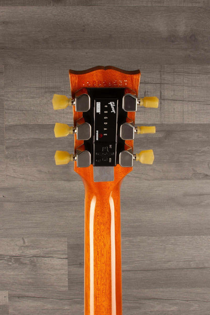 Top view of a used Gibson 2015 Les Paul Deluxe Gold Top guitar neck with G FORCE tuning system.