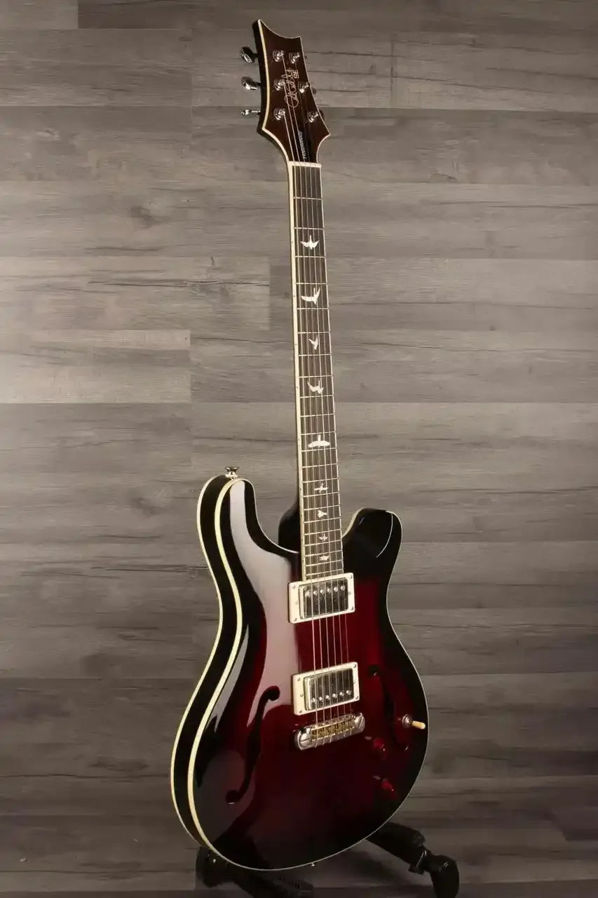USED - PRS SE Hollowbody Standard Fire Red Burst electric guitar with mahogany body and 22-fret neck.