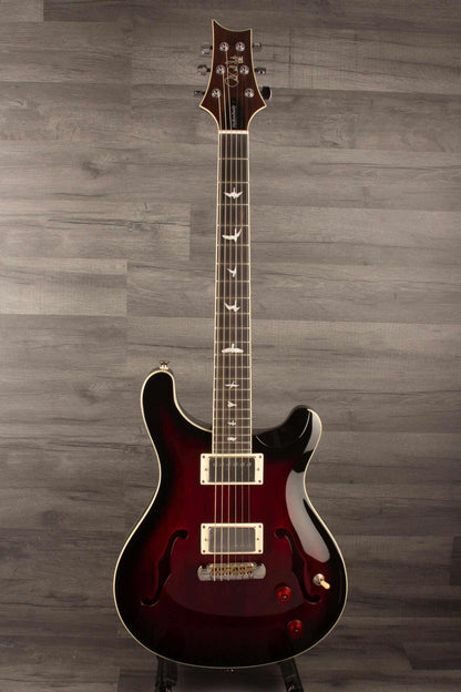 USED - PRS SE Hollowbody Standard Fire Red Burst electric guitar with mahogany body and 22-fret neck.