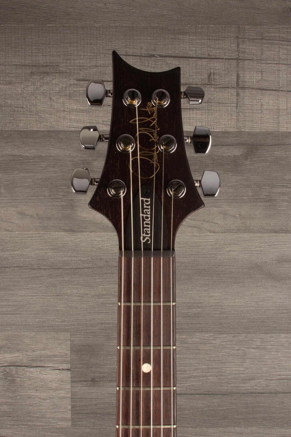 Headstock of USED - PRS S2 Standard 24 Satin - McCarty tobacco sun burst guitar, showing tuning pegs and signature.