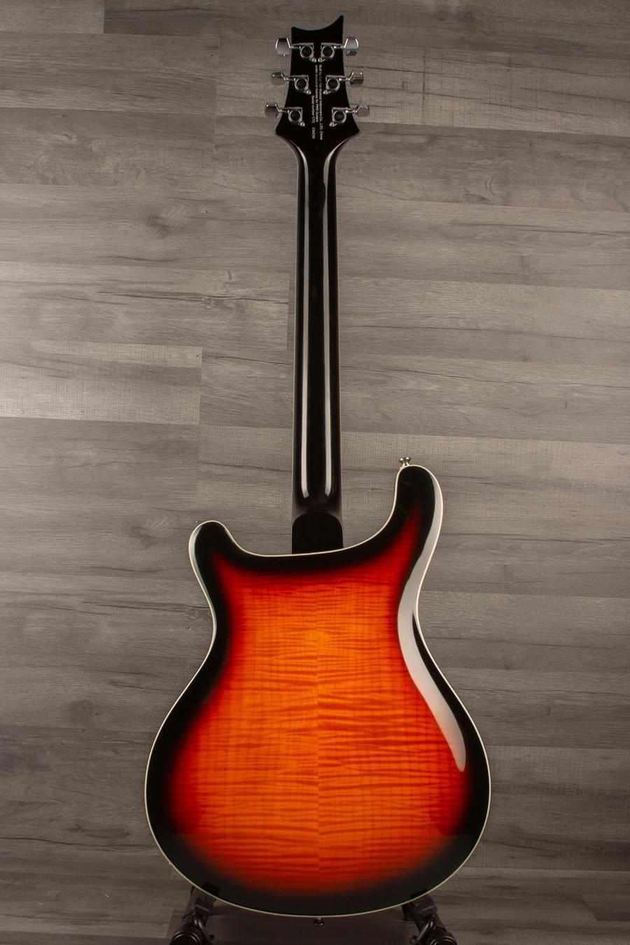 USED PRS SE Hollowbody II Electric Guitar - Tricolour Sunburst - back view showcasing flamed maple finish.