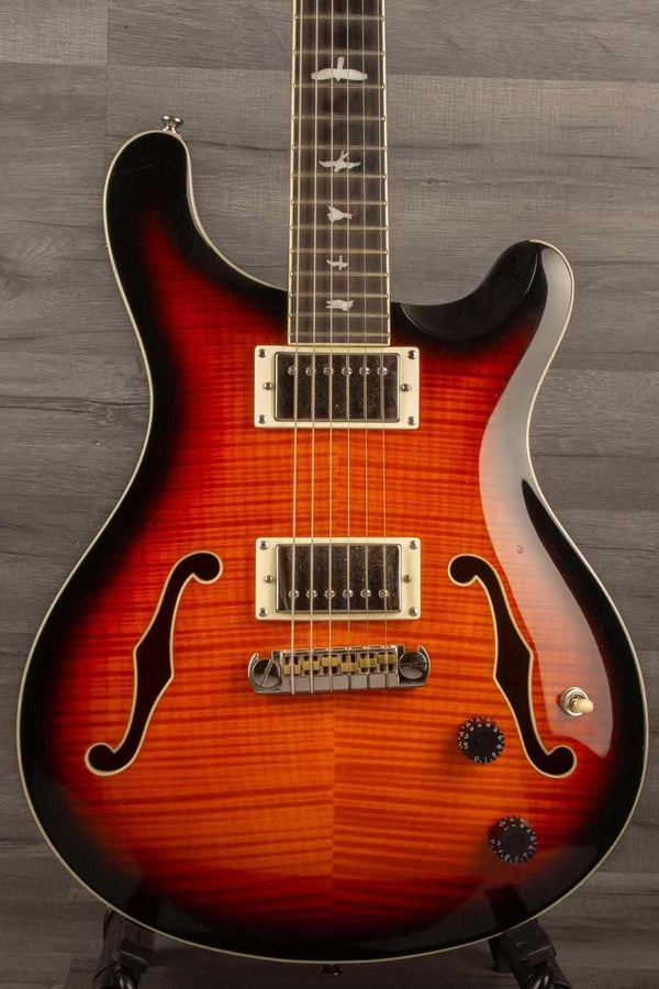 USED PRS SE Hollowbody II Electric Guitar - Tricolour Sunburst with flamed maple top and 22-fret wide fat neck.