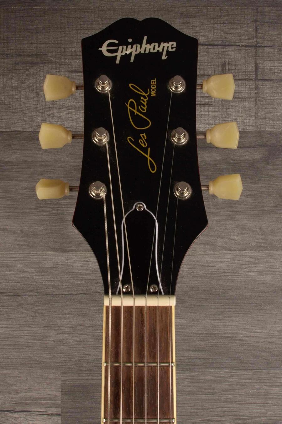 USED -  Epiphone 1959 Les Paul Standard Outfit -  Aged Dark Burst - inc hard case headstock and strings view.