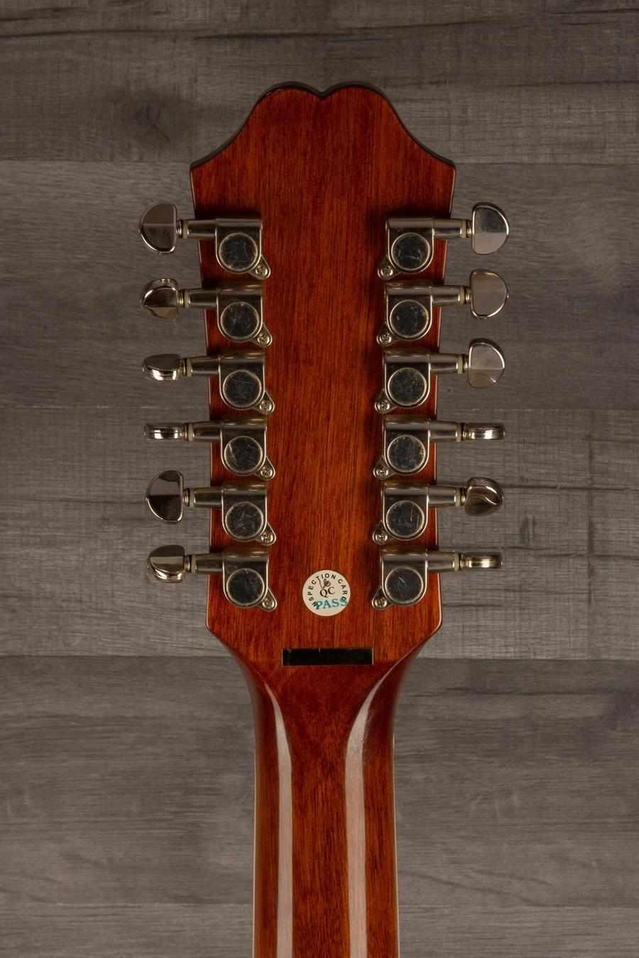 USED Epiphone DR-212 - Natural guitar headstock with tuning machines and mahogany wood finish.