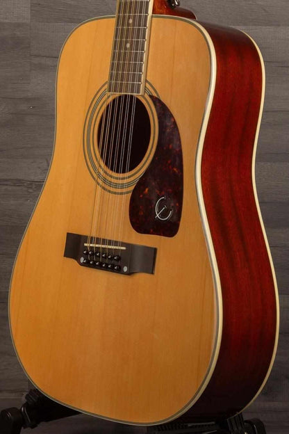 USED Epiphone DR-212 - Natural acoustic guitar close-up, showcasing spruce top and mahogany back in excellent condition.