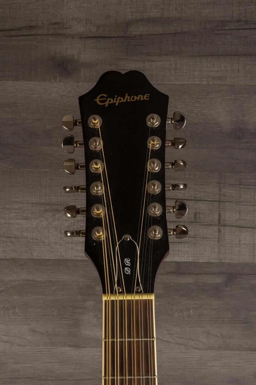 USED Epiphone DR-212 - Natural headstock view showcasing tuning machines and strings.