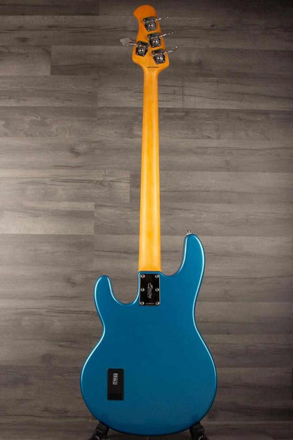 USED - Sterling by Music Man Stingray Ray24 Bass Guitar - Toluca Lake Blue back view showcasing the mahogany body and neck.