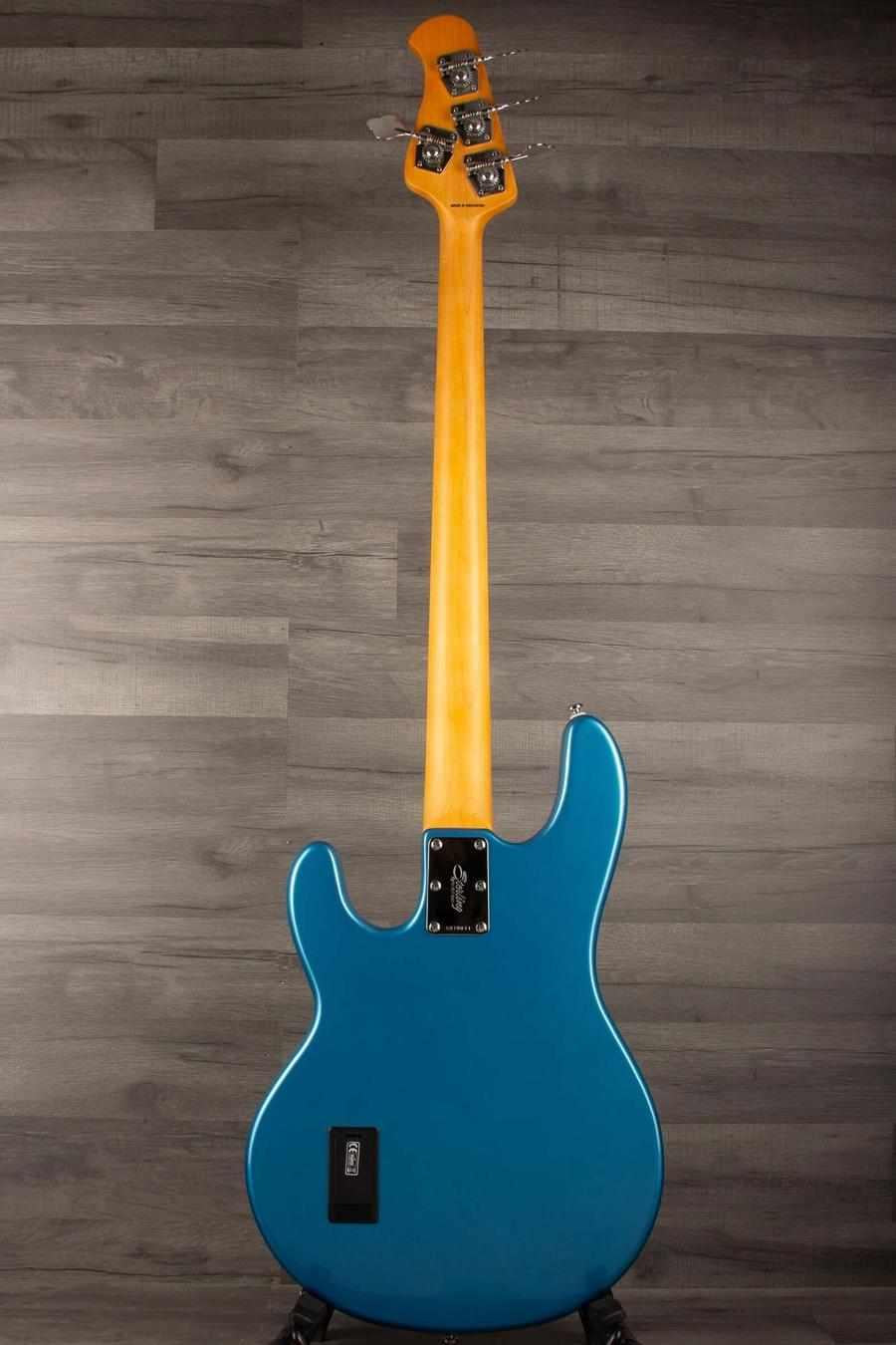 USED - Sterling by Music Man Stingray Ray24 Bass Guitar - Toluca Lake Blue back view showcasing the mahogany body and neck.