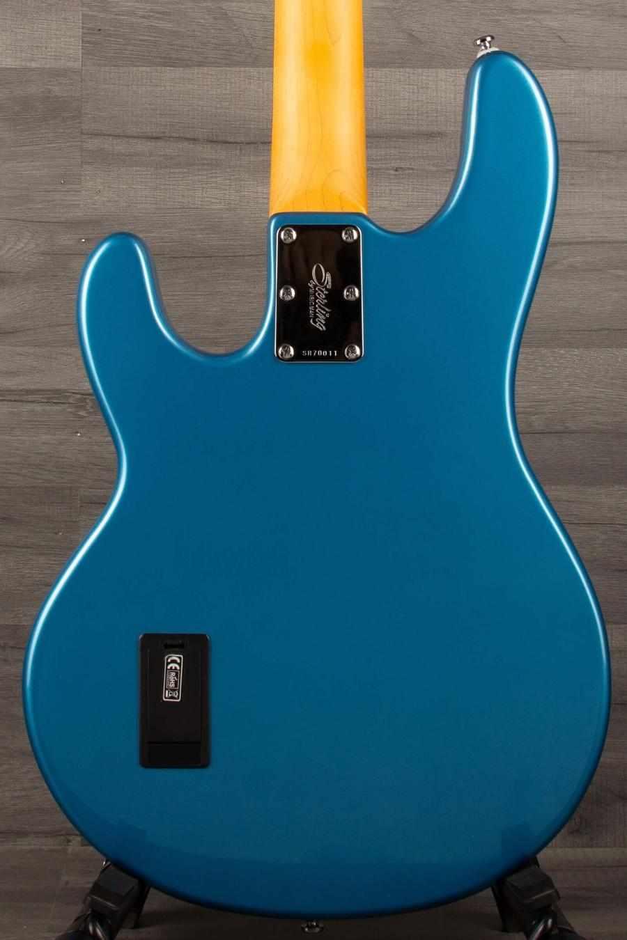 USED - Sterling by Music Man Stingray Ray24 Bass Guitar - Toluca Lake Blue back view showcasing the vibrant color and neck.
