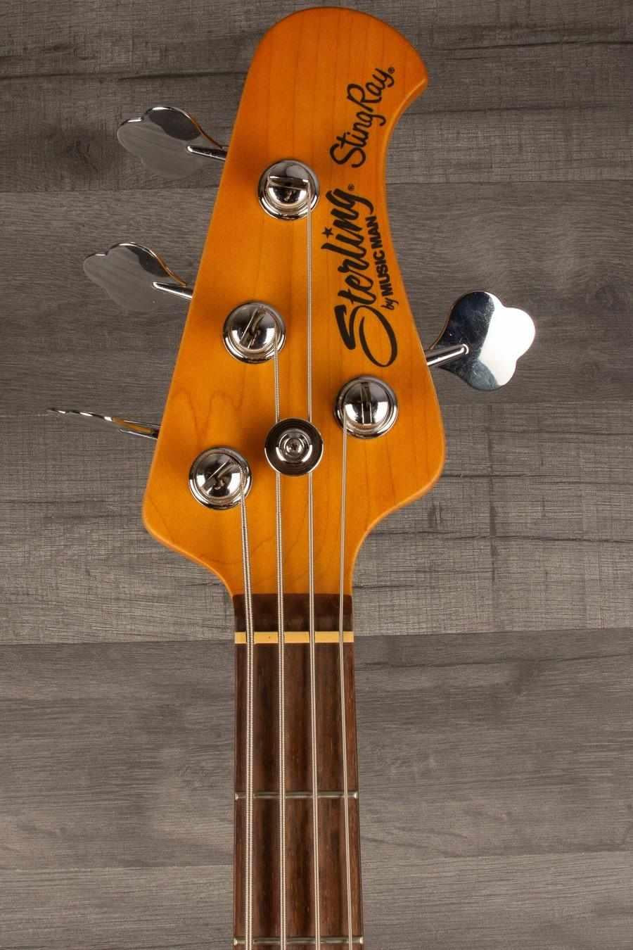 USED - Sterling by Music Man Stingray Ray24 Bass Guitar - Toluca Lake Blue headstock close-up.