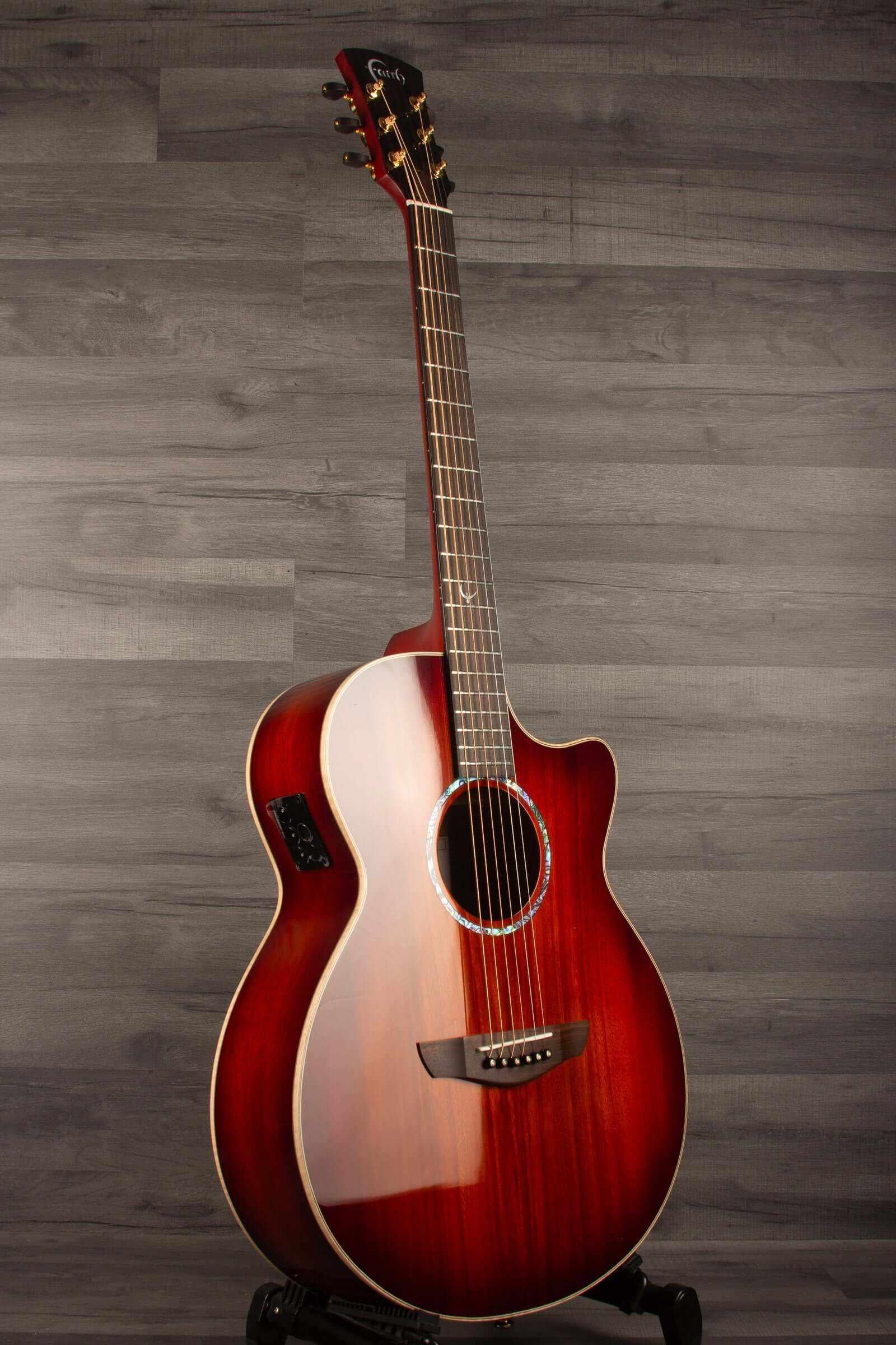 Faith BLOOD MOON Series Venus CE Inc Case guitar with striking glossy finish and AAA grade Solid Indonesian Trembesi.