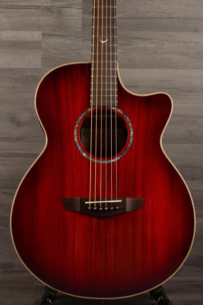 Faith BLOOD MOON Series Venus CE Inc Case - close-up of glossy red guitar with intricate design.