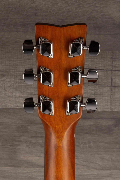 Yamaha F400 Natural Satin guitar headstock showcasing tuning pegs and natural wood finish.