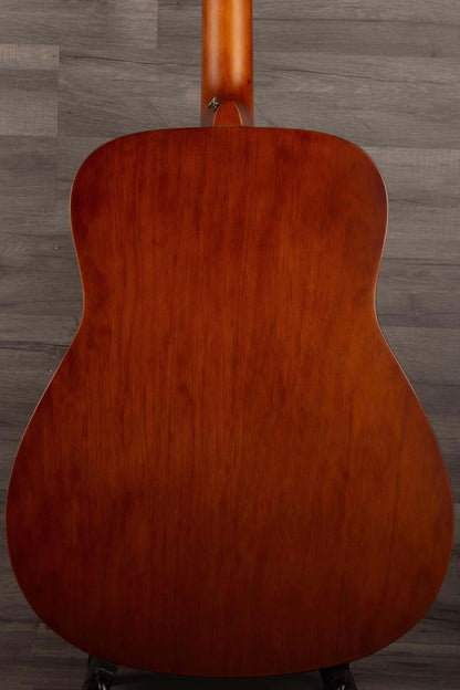Back view of Yamaha F400 Natural Satin acoustic guitar showcasing the rich wood grain and classic design.