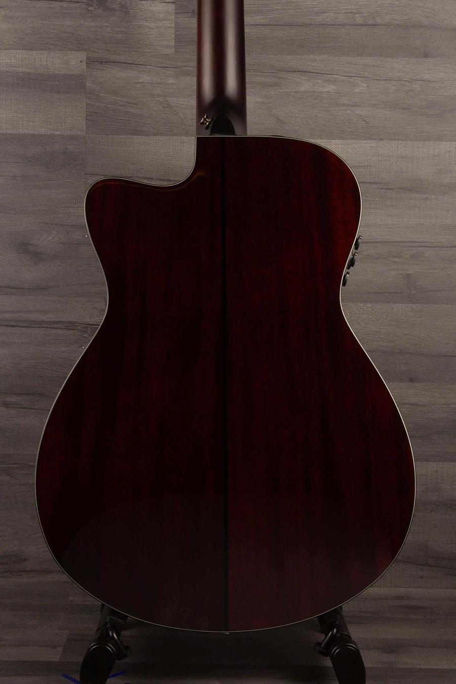 Yamaha TAS3C TransAcoustic Guitar - Sandburst back view showcasing exquisite mahogany craftsmanship.