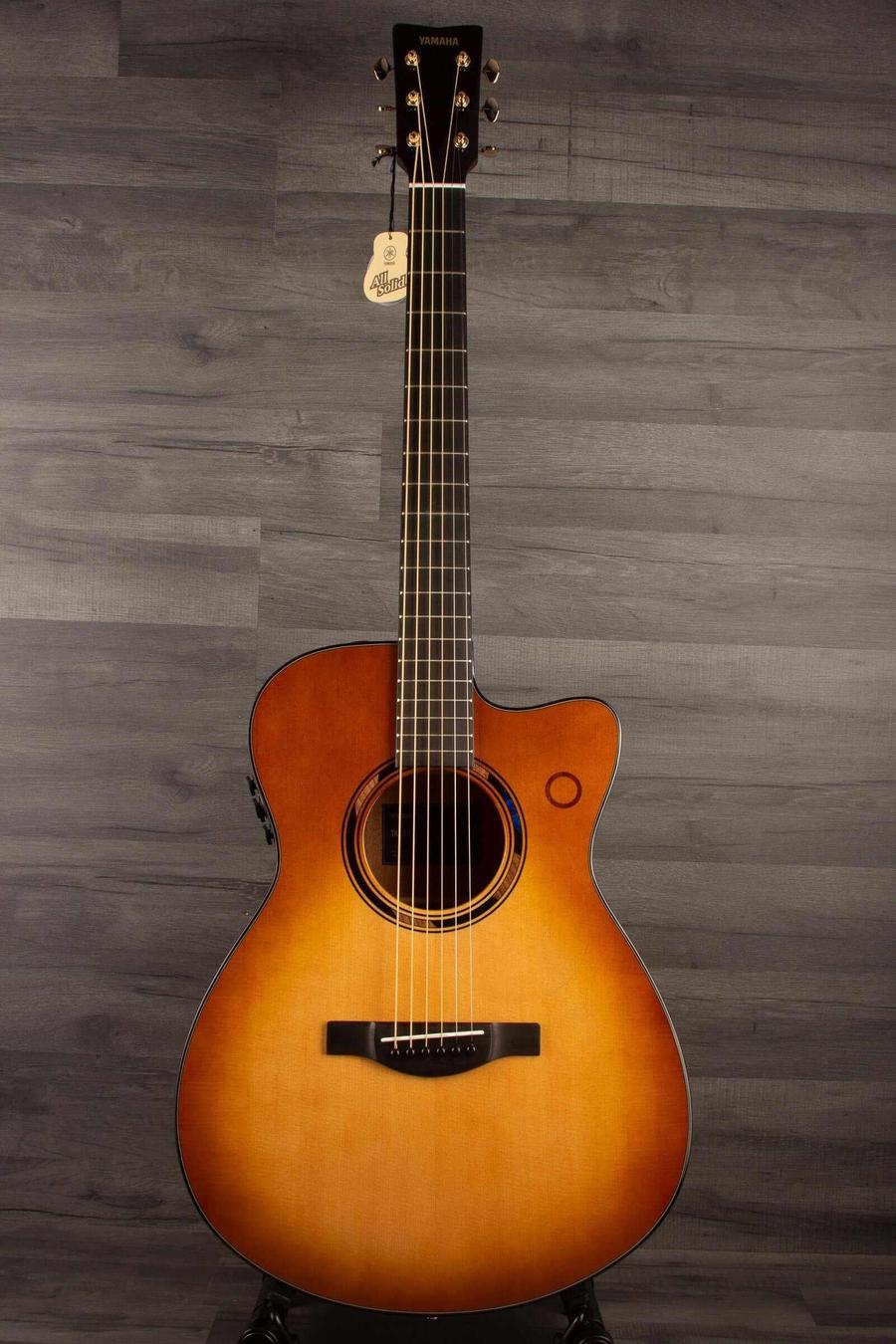 Yamaha TAS3C TransAcoustic Guitar - Sandburst, solid spruce top with mahogany back, concert cutaway design.