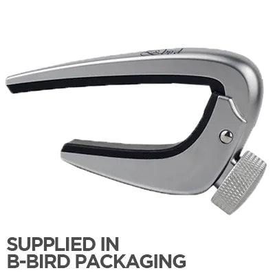 BBird Finetune acoustic capo shown in premium B-Bird packaging for quality guitar tuning performance.