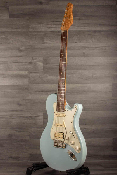 USED - Seth Baccus Shoreline HSS Electric Guitar, Daphne Blue Relic - 6-String displayed on a stand.