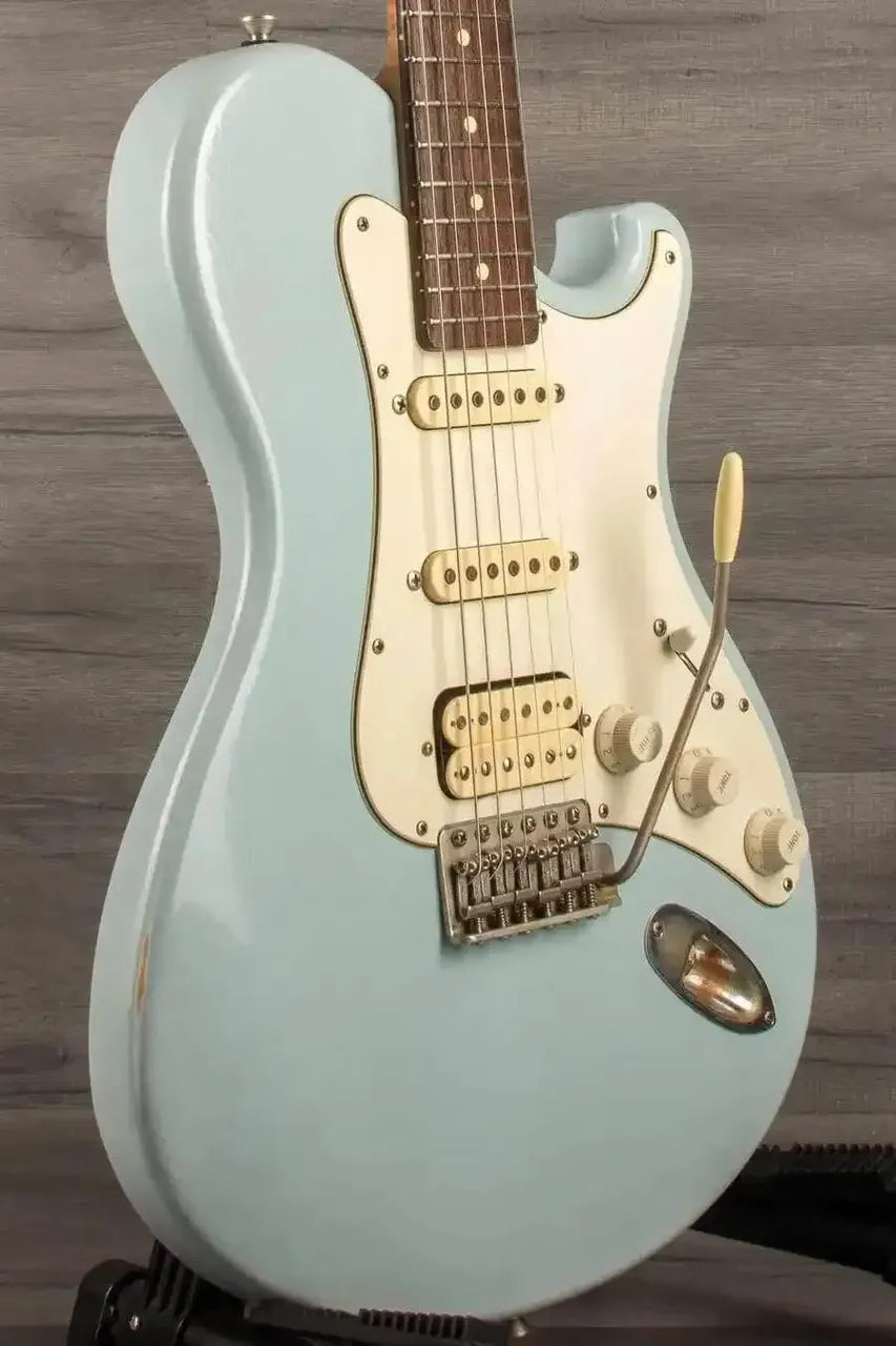 USED - Seth Baccus Shoreline HSS Electric Guitar, Daphne Blue Relic - 6-String showcasing its unique design and vintage finish.