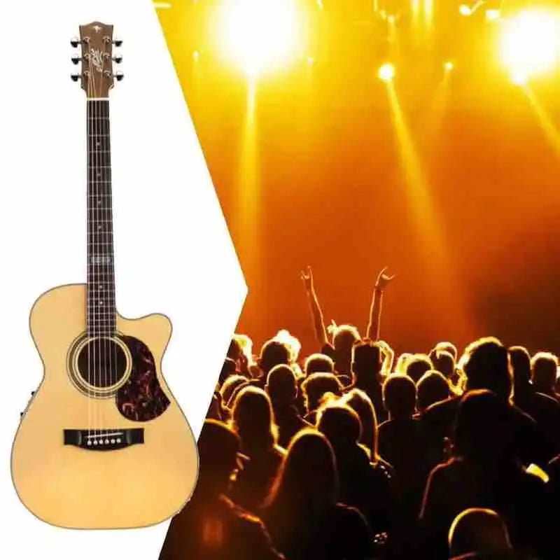 Acoustic guitar in the foreground with a lively concert crowd and bright lights in the background.
