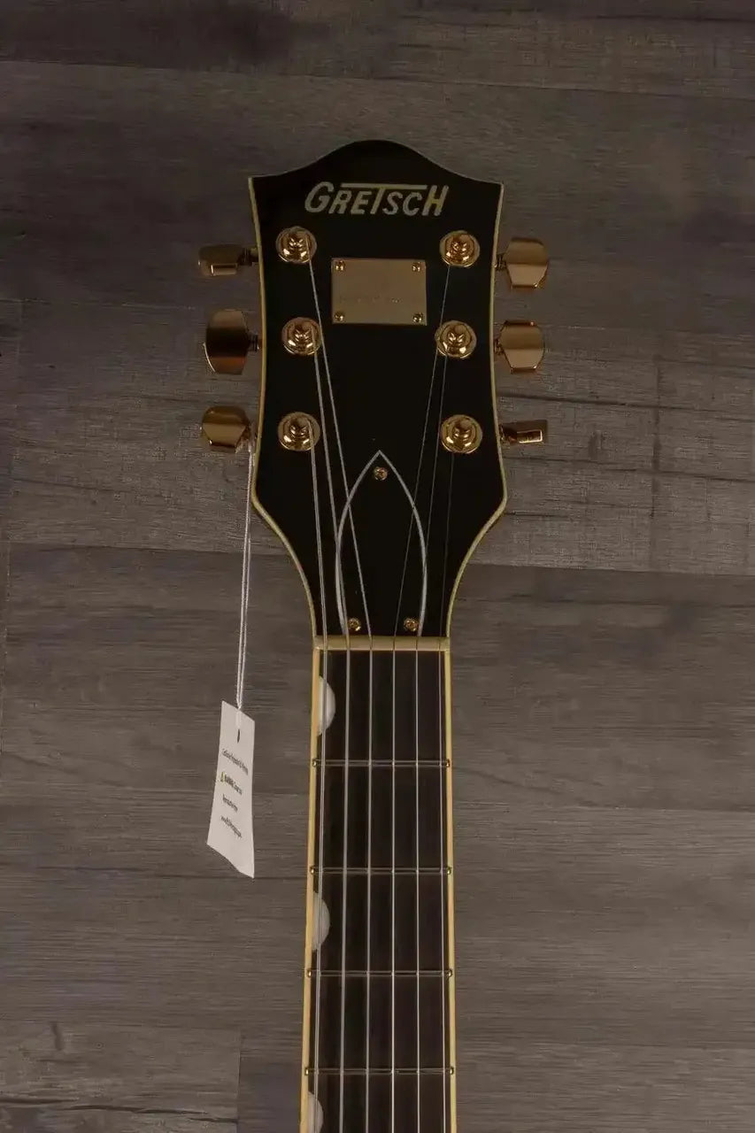 Gretsch Broadkaster® LX Center Block guitar headstock with gold hardware and ebony fingerboard.