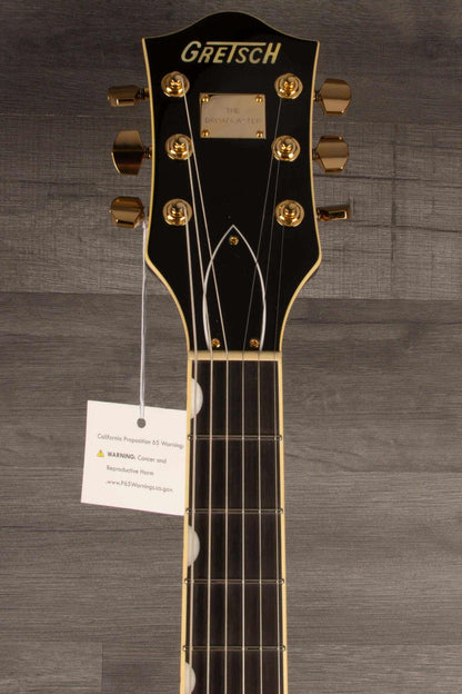 Gretsch Broadkaster® LX Center Block guitar headstock with gold hardware and ebony fingerboard.