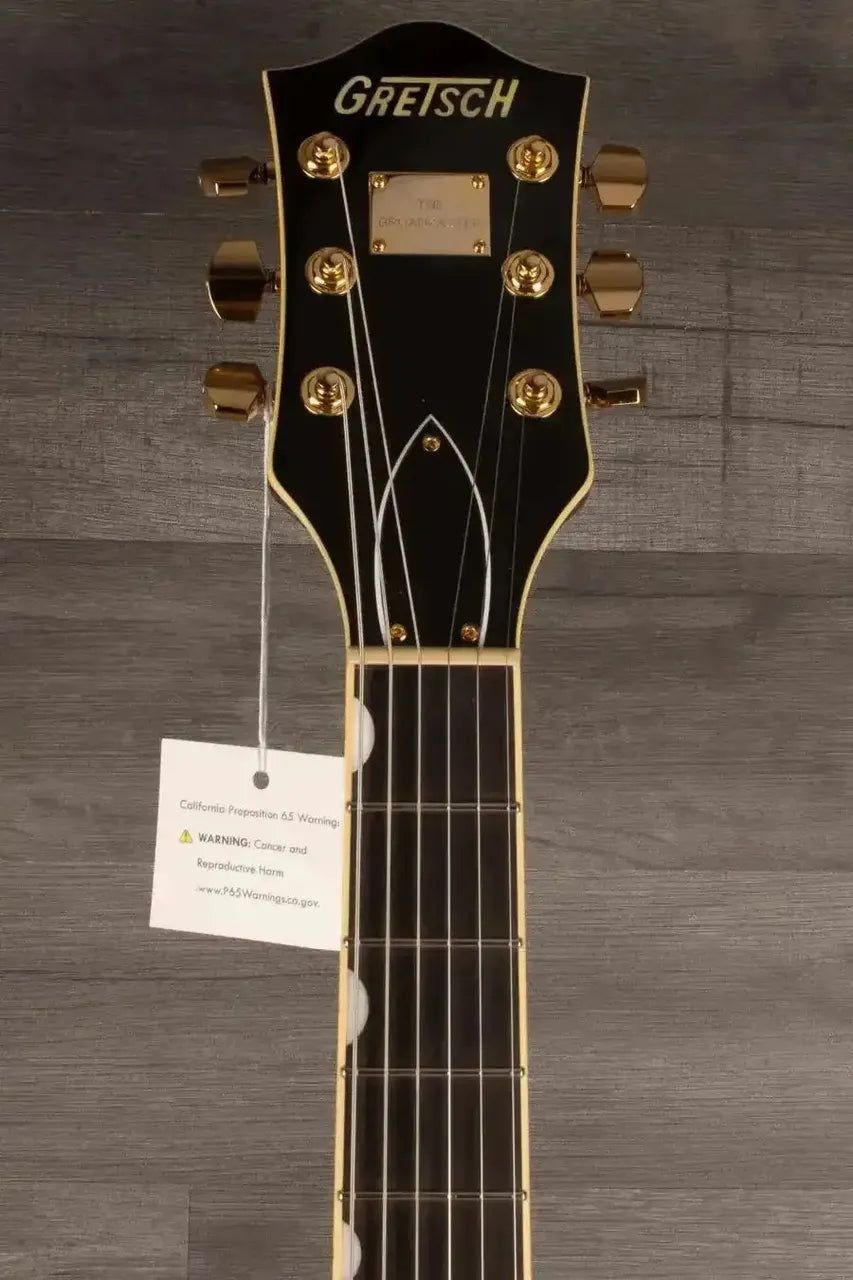 Gretsch Broadkaster® LX Center Block guitar headstock with gold hardware and ebony fingerboard.