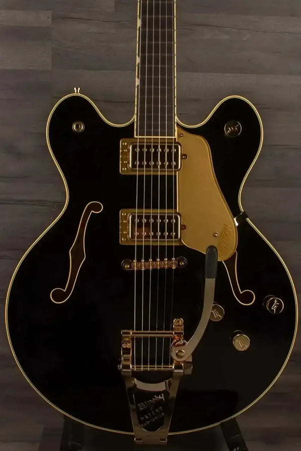 Gretsch Broadkaster® LX Center Block guitar in black with gold hardware and String-Thru Bigsby®, showcasing an ebony fingerboard.