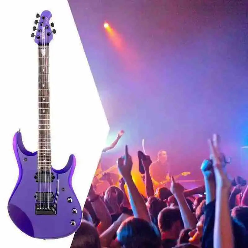 Purple electric guitar featured in a vibrant concert scene with an energetic crowd.