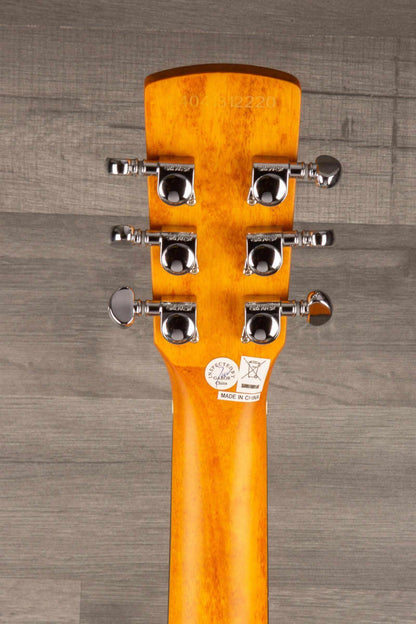 Back view of the Epiphone Dobro Hound Dog Deluxe Round Neck guitar headstock with tuning pegs.