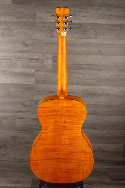 Epiphone Dobro Hound Dog Deluxe Round Neck back view showcasing flame maple body and resonator design.