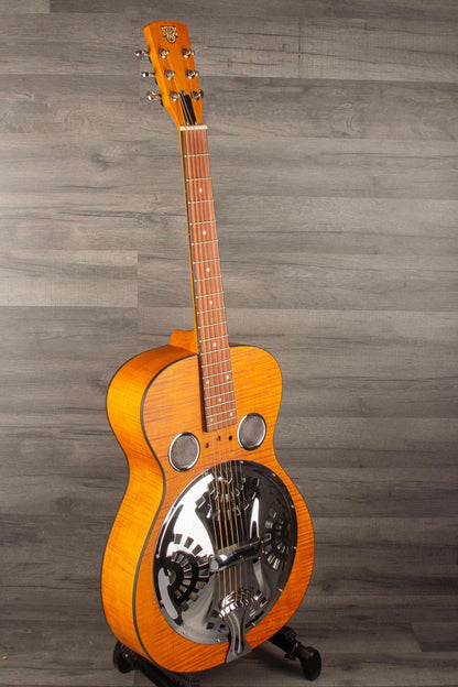 Epiphone Dobro Hound Dog Deluxe Round Neck resonator guitar with flame maple body and chrome resonator cover.